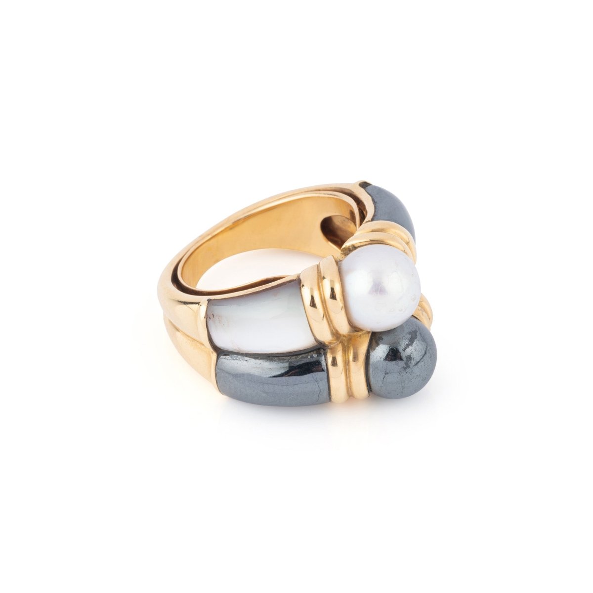 Double bague en or jaune, hématite, nacre et perles - Castafiore