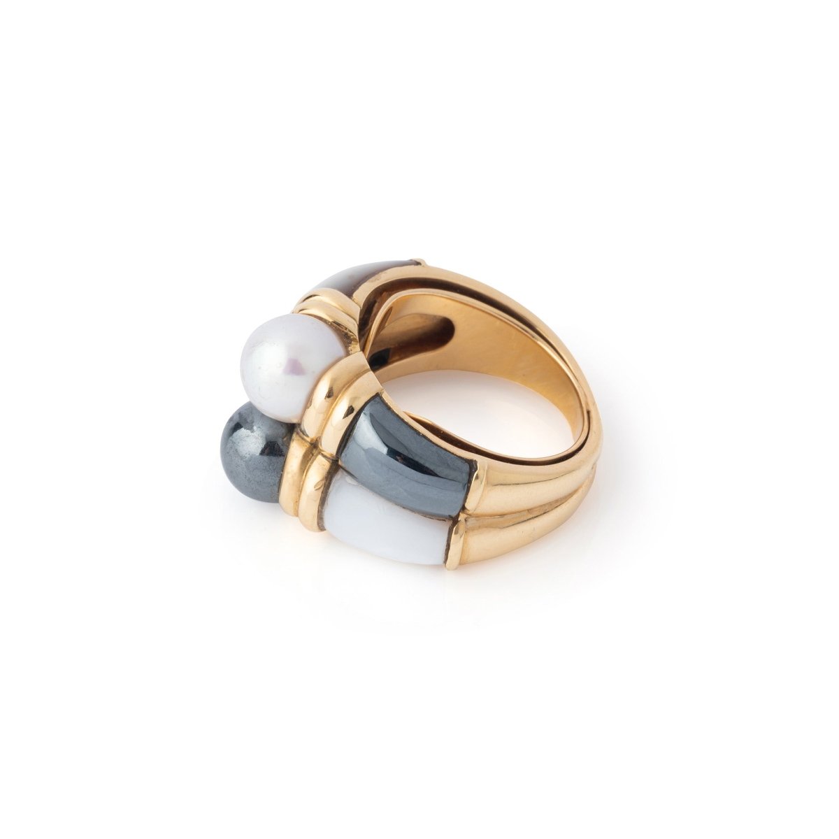 Double bague en or jaune, hématite, nacre et perles - Castafiore