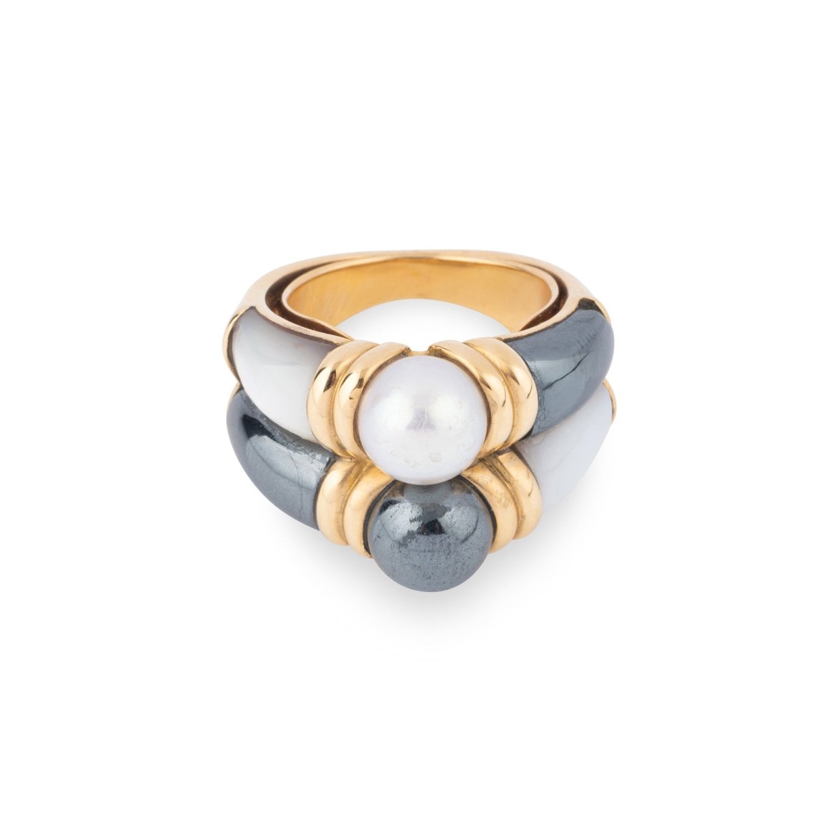 Double bague en or jaune, hématite, nacre et perles - Castafiore