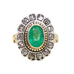 Bague Entourage en or jaune, argent, émeraude et diamants