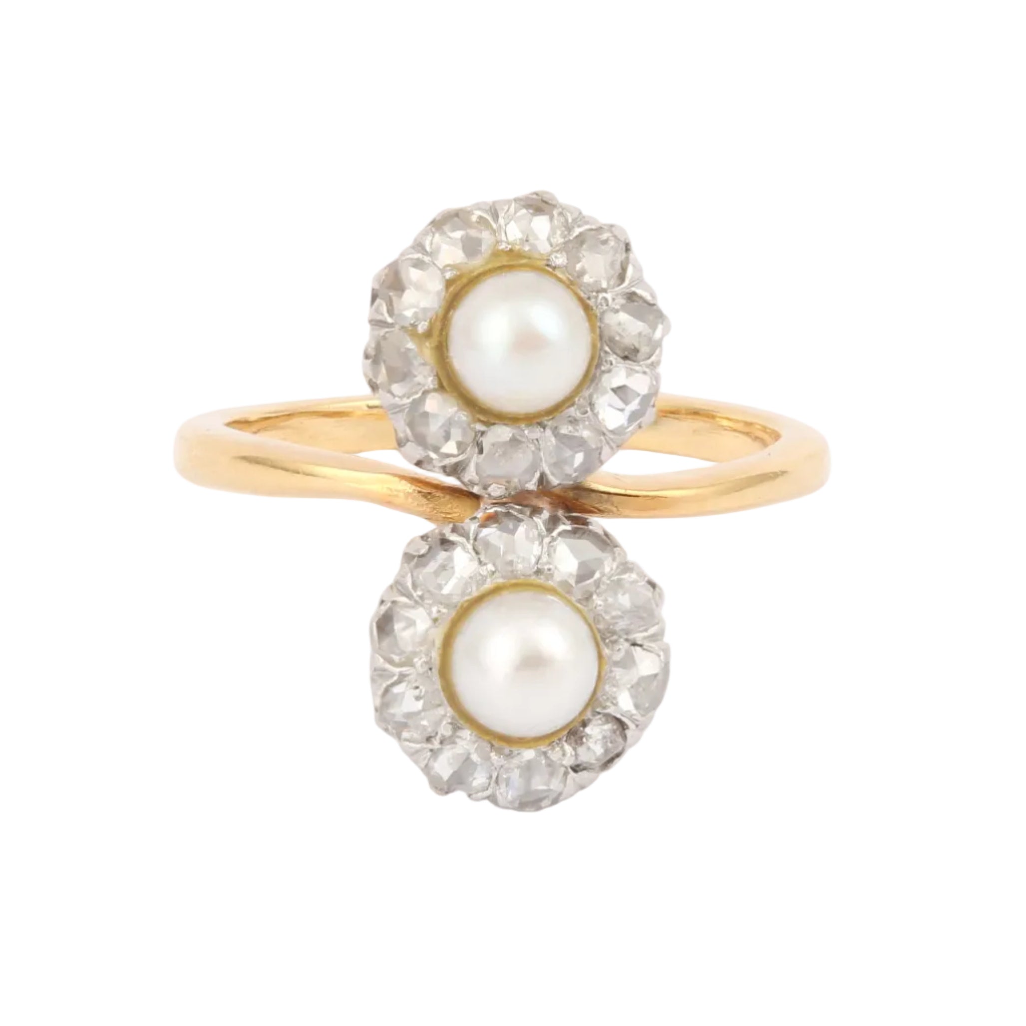 Bague Toi & Moi en or jaune, platine, perles et diamants