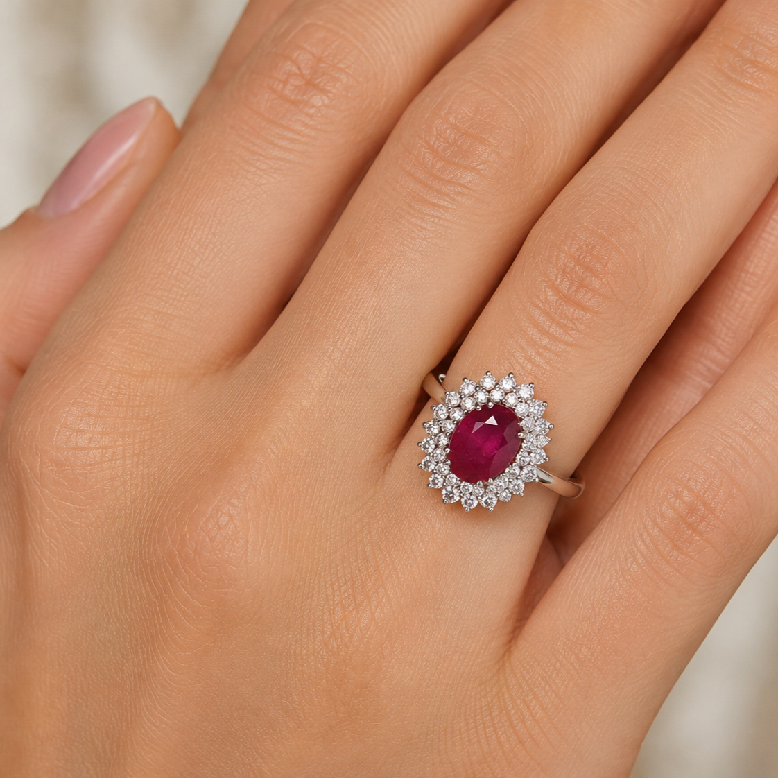 Bague Entourage en or blanc, rubis et diamants