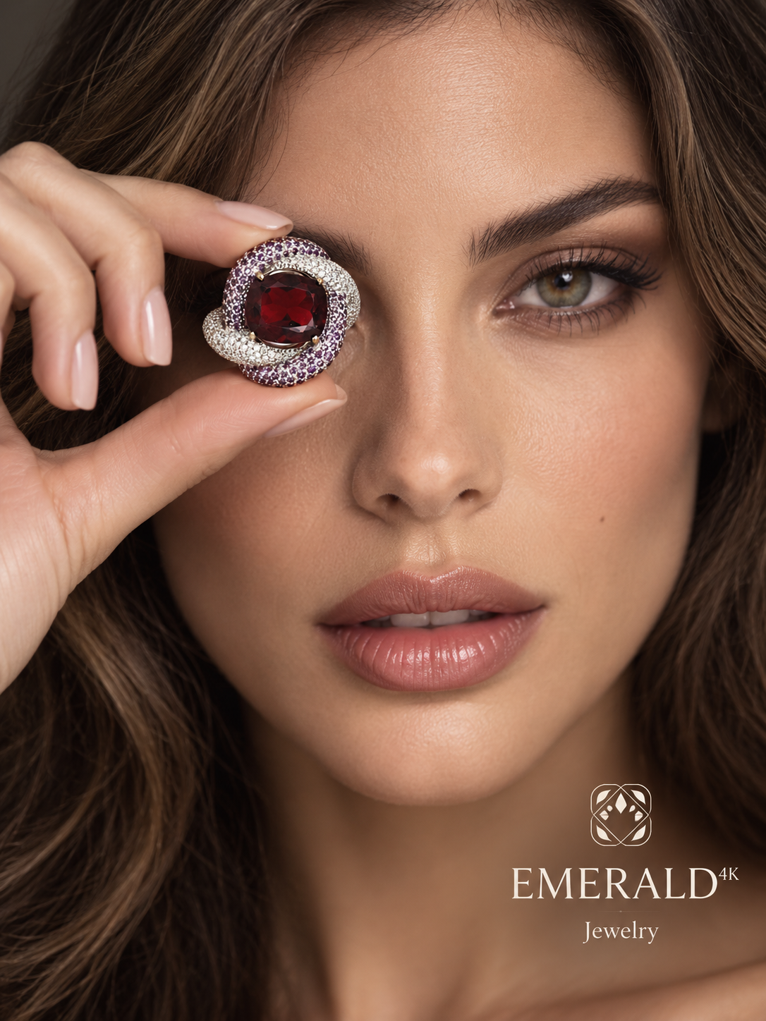 Bague Entourage en or blanc, grenat, améthystes et diamants
