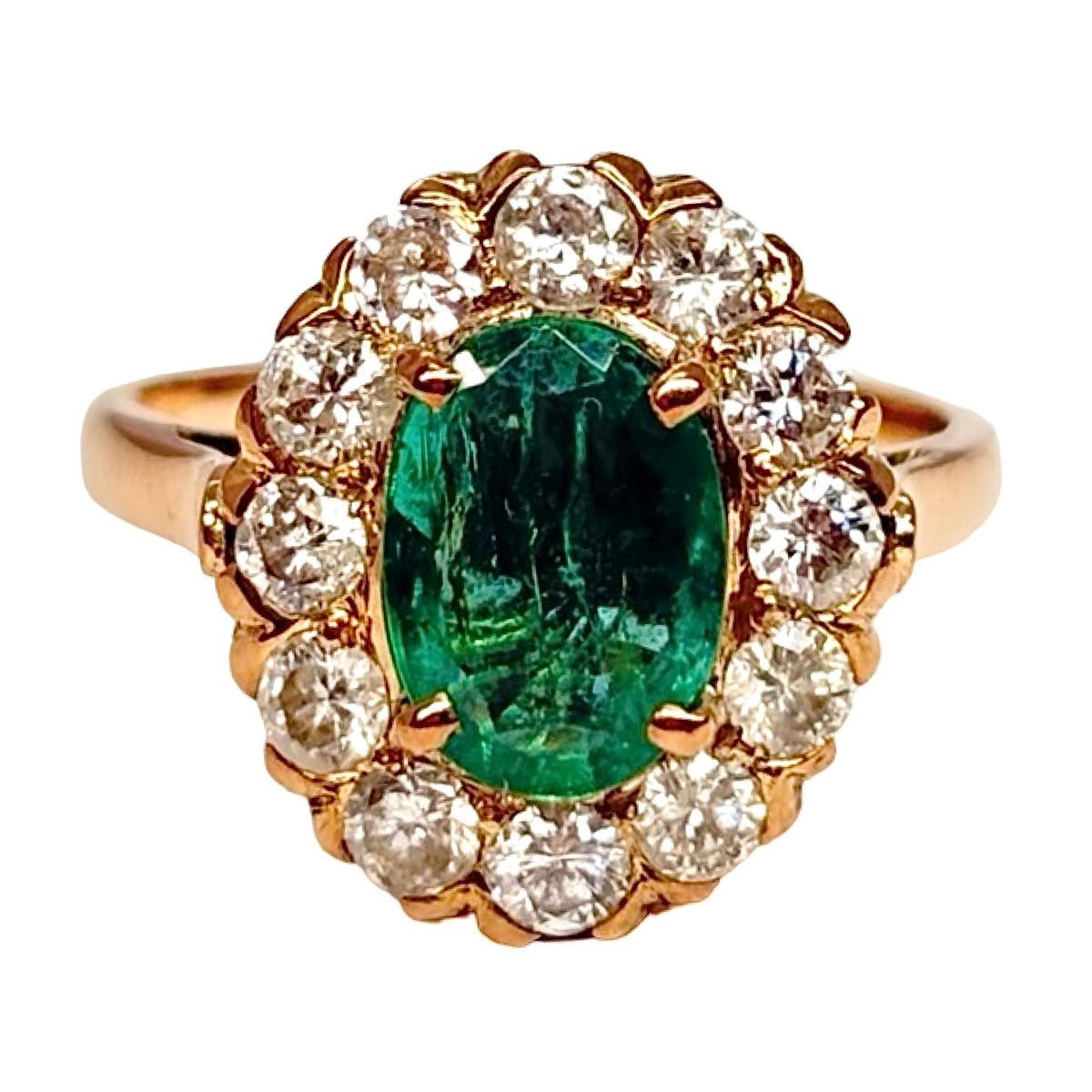 Bague Marguerite en or rose, émeraude et diamants