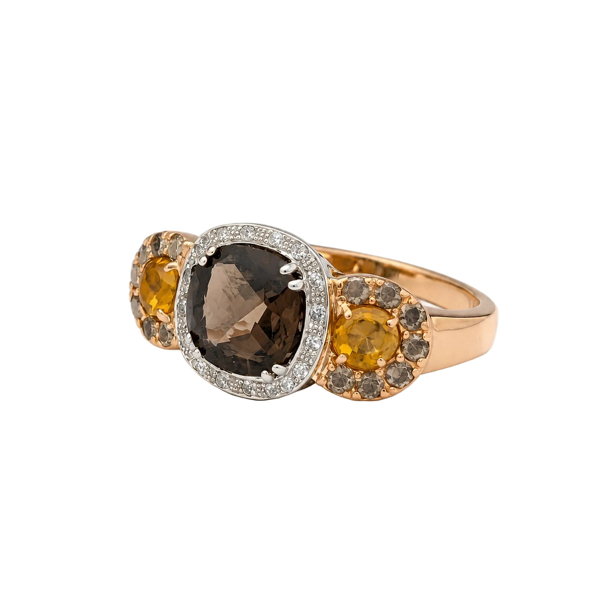 Bague Trilogie en or blanc, or rose, quartz, citrines et diamants