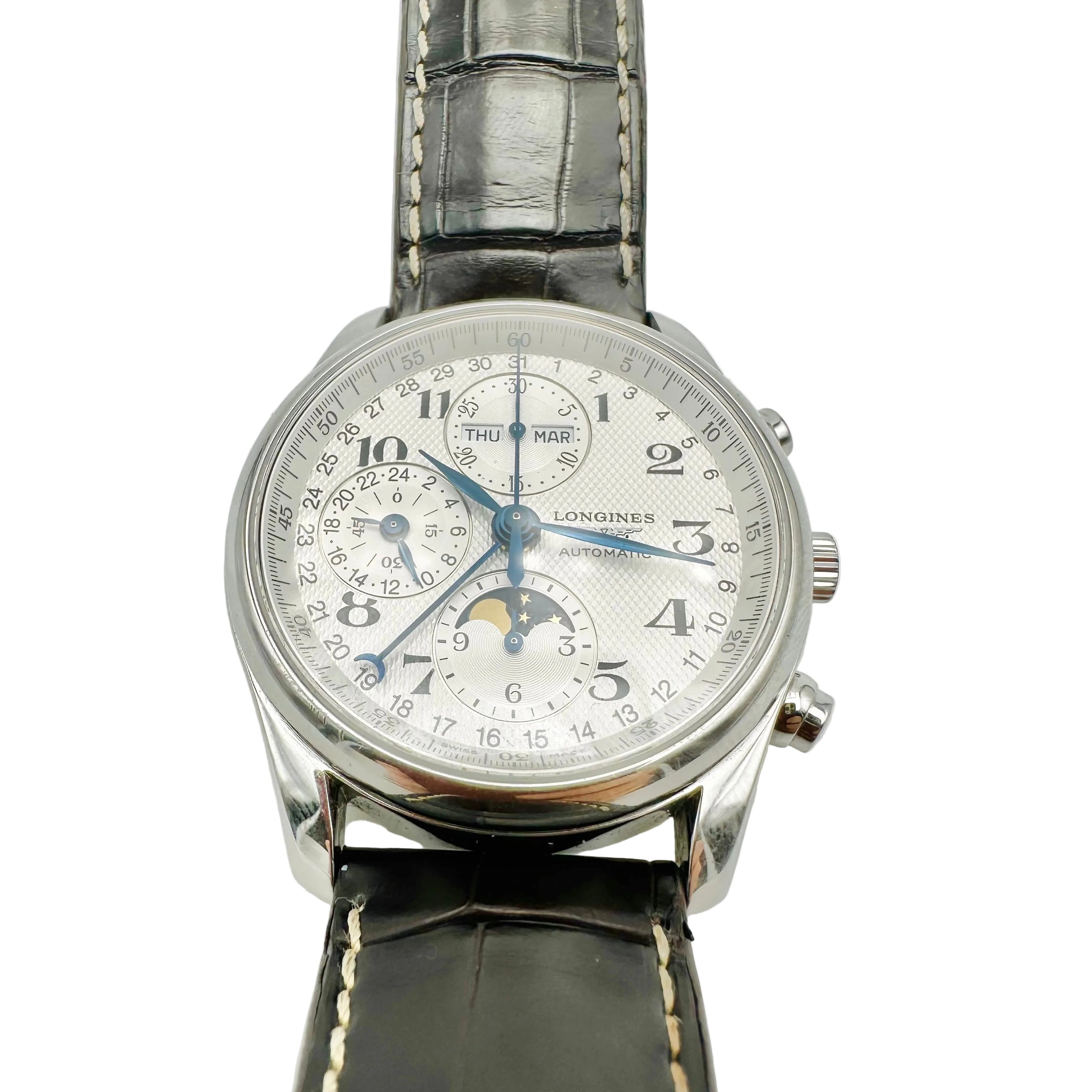 Montre LONGINES "Chrono Moonphase Master Collection" en acier et cuir