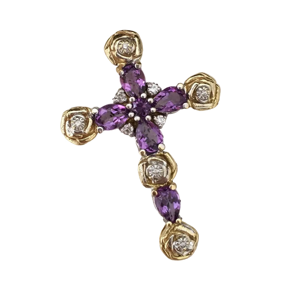 Pendentif Croix en or jaune, or blanc, améthystes, et diamants