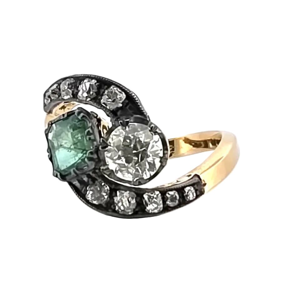 Bague Toi & Moi en or jaune, argent, émeraude et diamants