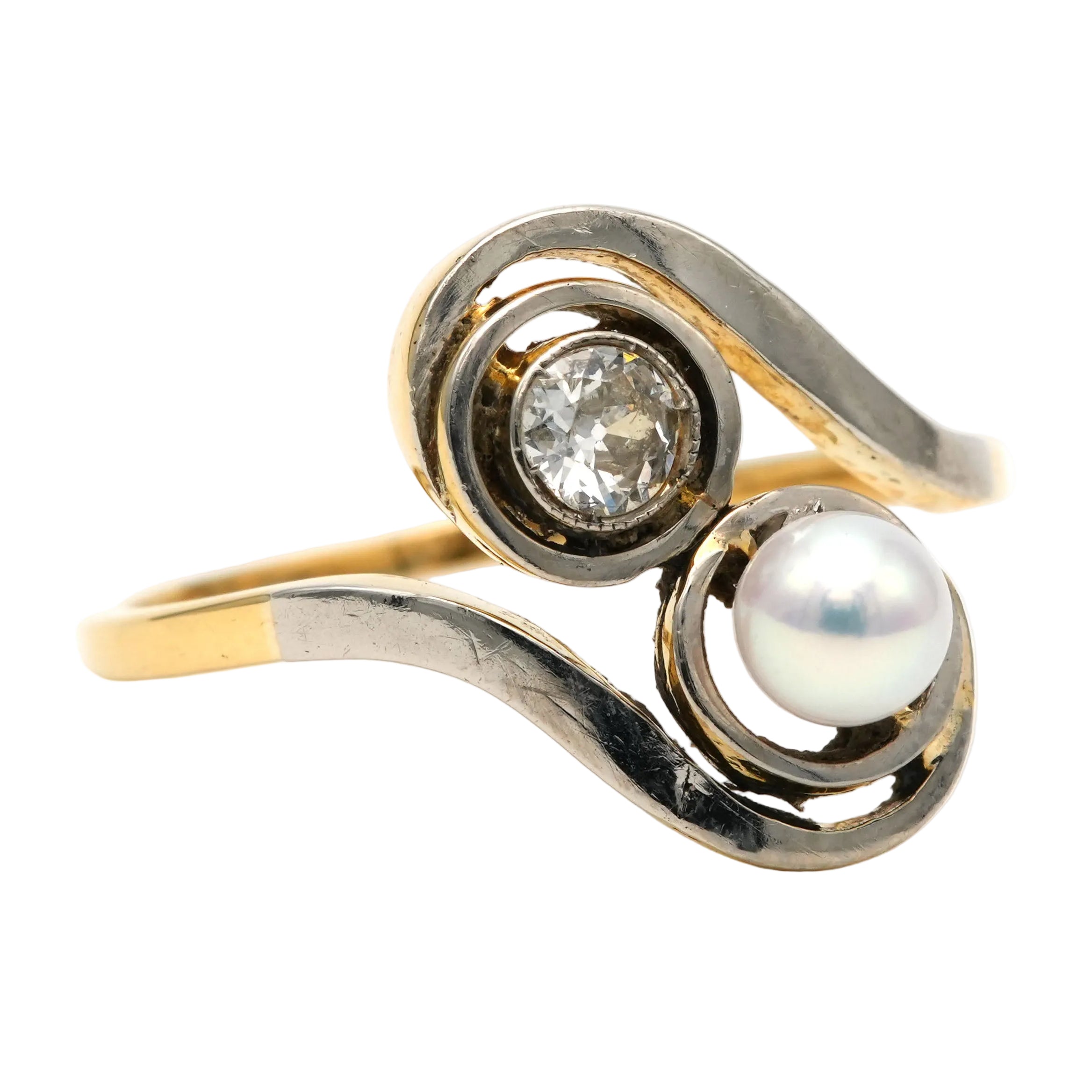 Bague Toi & Moi en or blanc, or jaune, perle et diamants