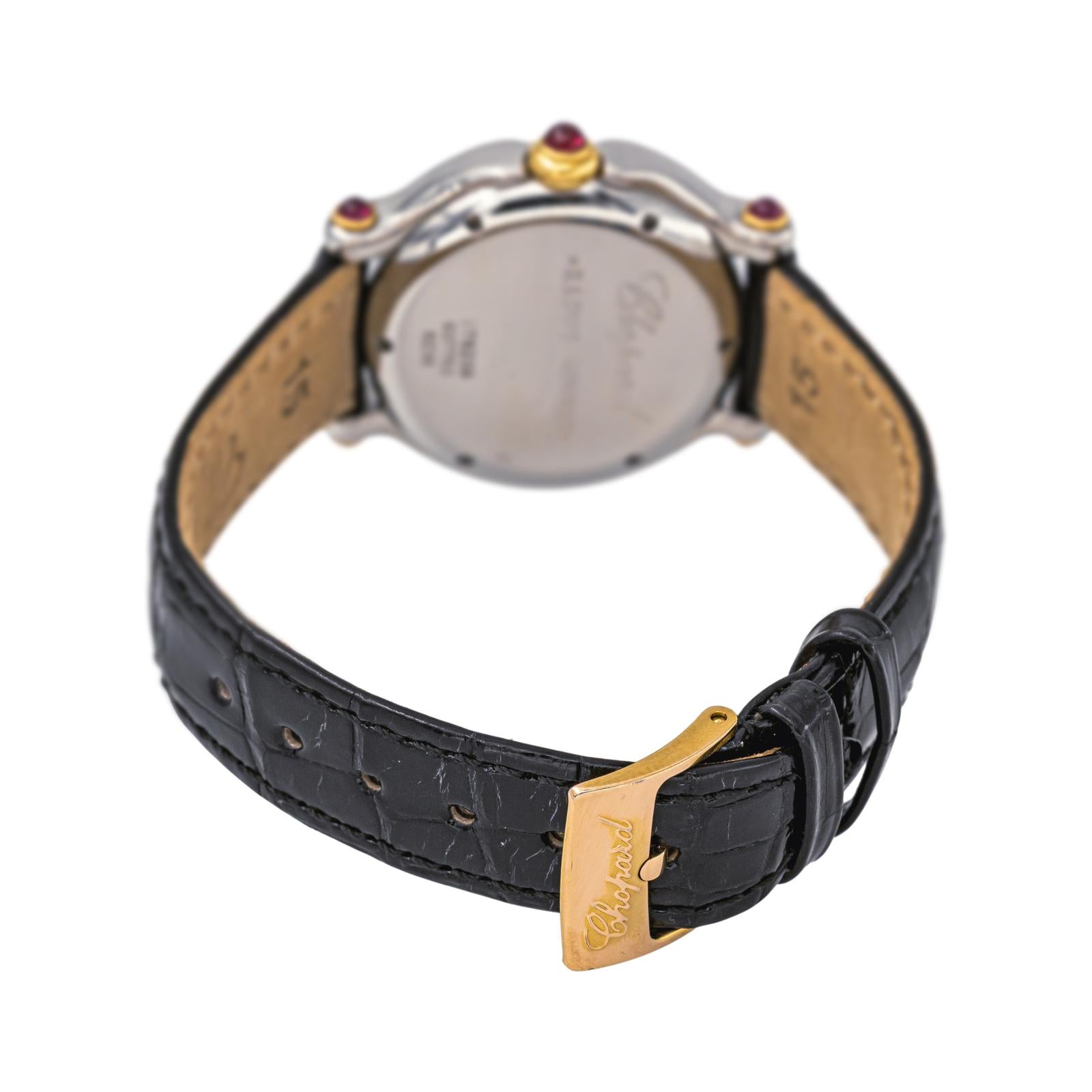 Montre CHOPARD "Happy Sport" en or jaune, acier, nacre, cuir, rubis, émeraudes, saphir et diamants