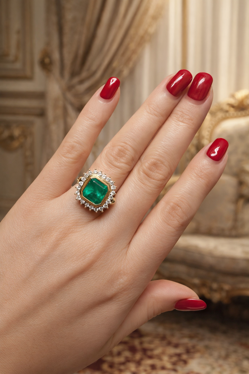 Bague Entourage en or jaune, émeraude et diamants