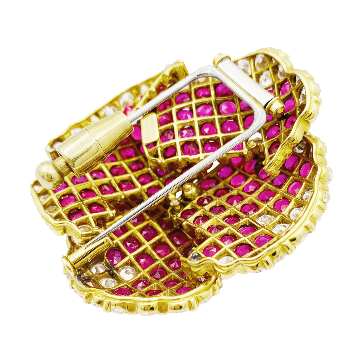 Broche Clip "Pensée" en or jaune, rubis et diamants