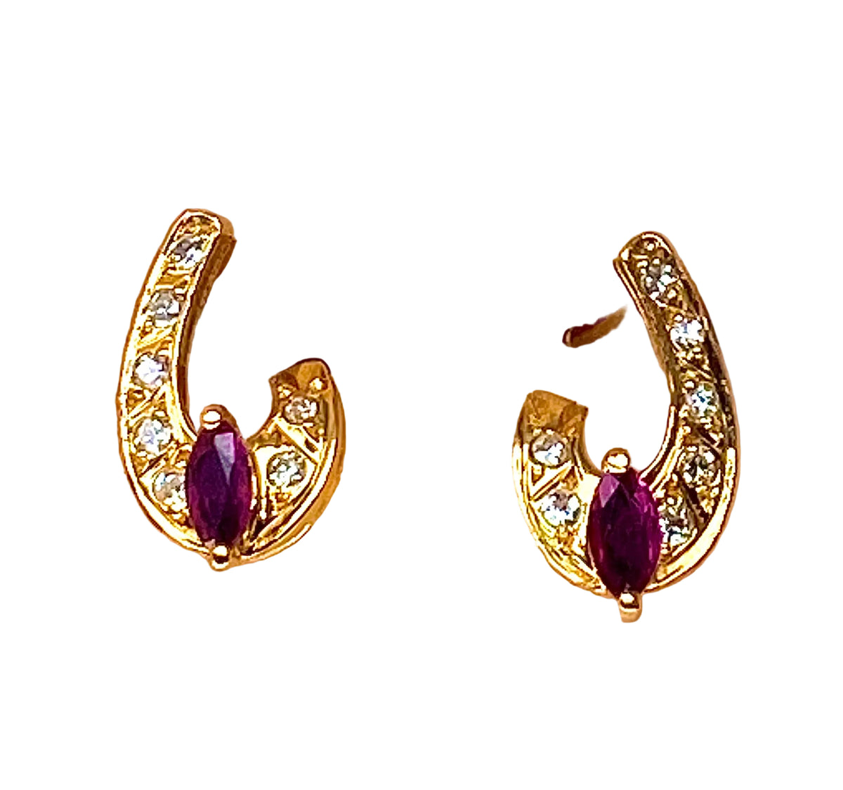 Boucles d'oreilles Puces en or jaune, pierre rouge et diamants