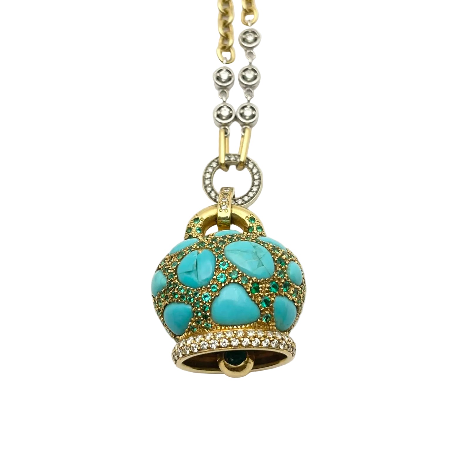 Collier Pendentif CHANTECLER en or blanc, or jaune, tsavorites, turquoises et diamants
