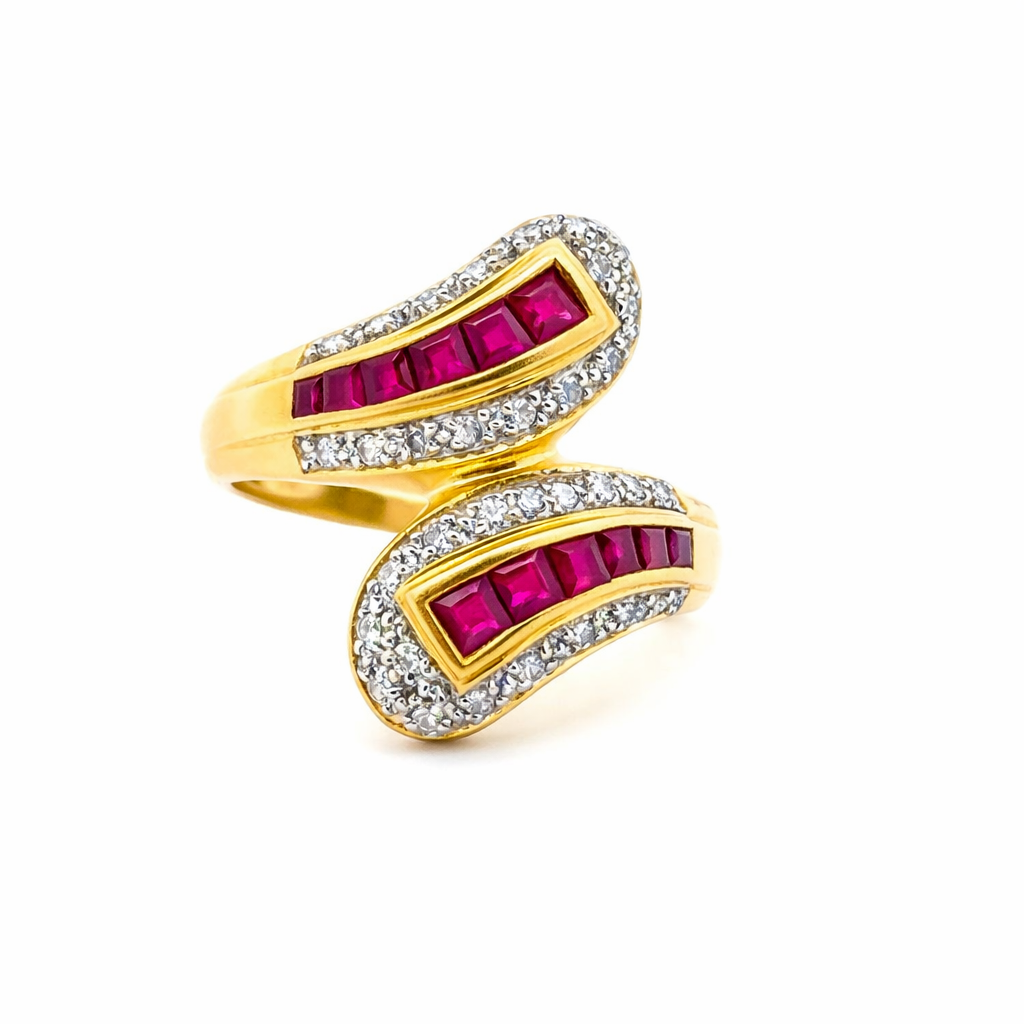 Bague Toi & Moi en or jaune, rubis et diamants