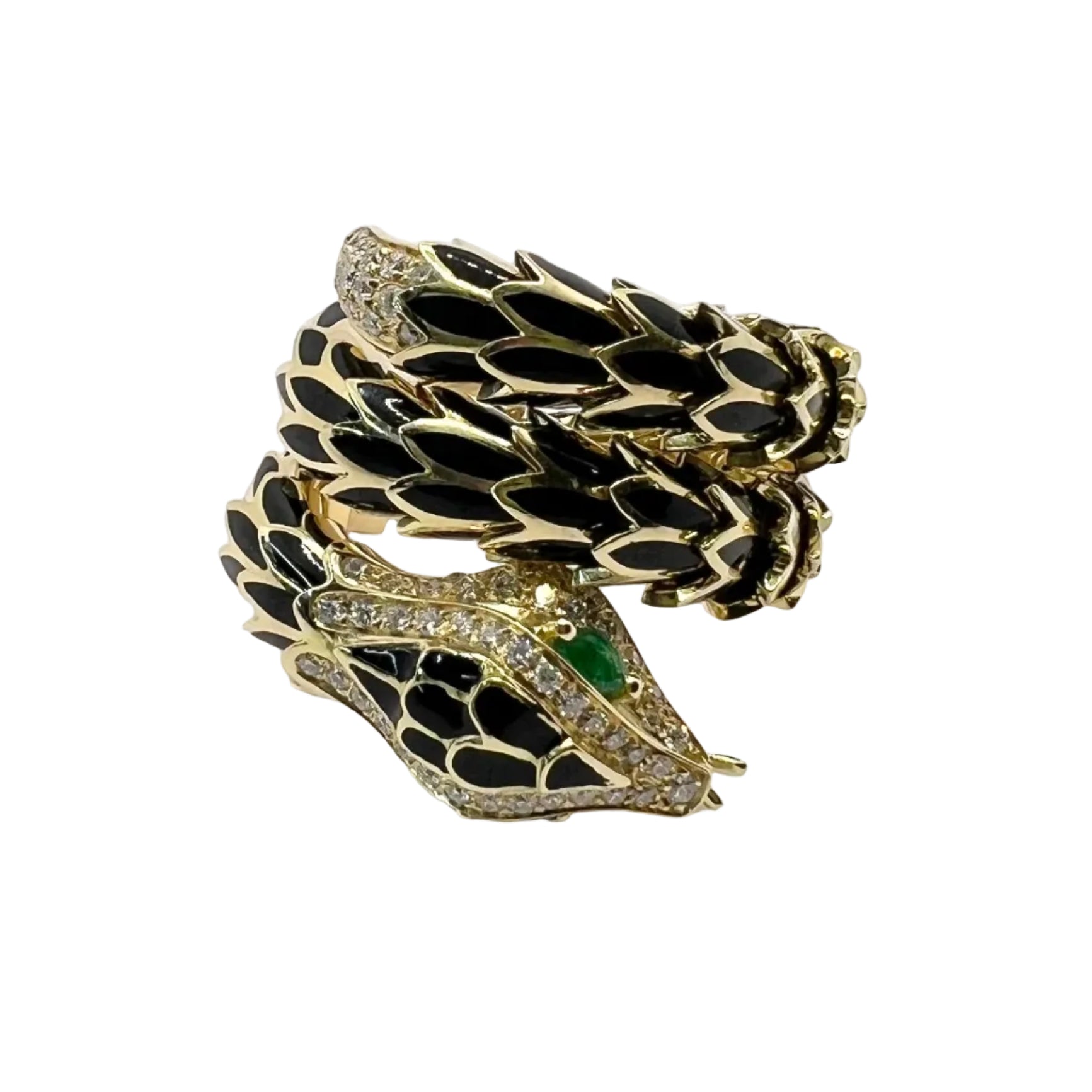 Bague en or jaune, émail, émeraudes et diamants