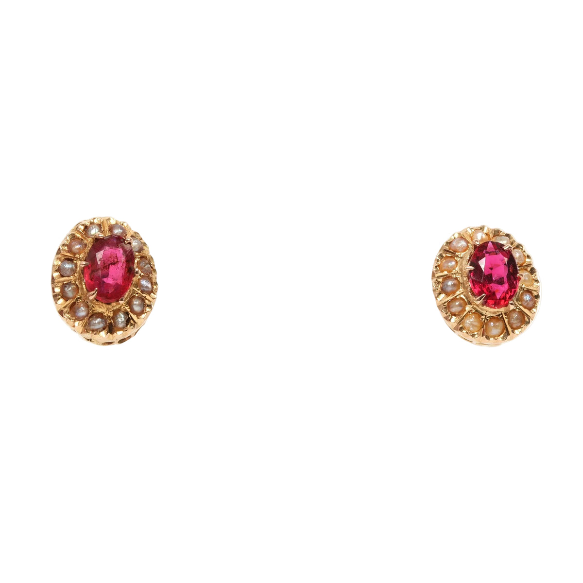Boucles d'oreilles Puces en or jaune, perles et rubis