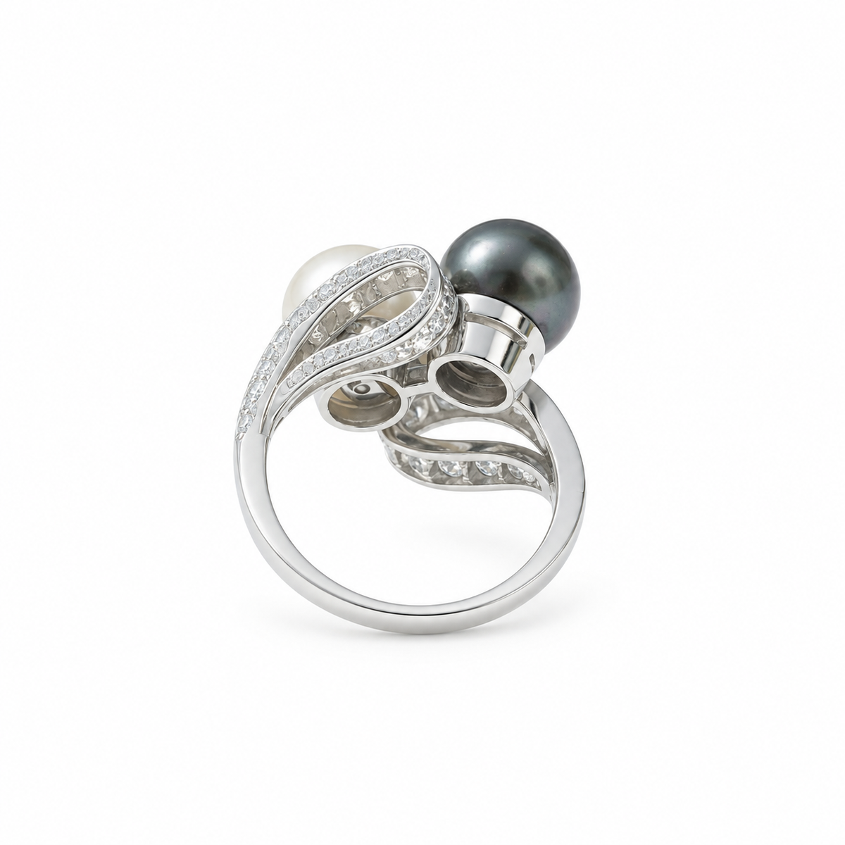 Bague Toi & Moi en platine, perles et diamants