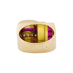Bague "Tank" en or jaune, rubis synthétiques et diamants.