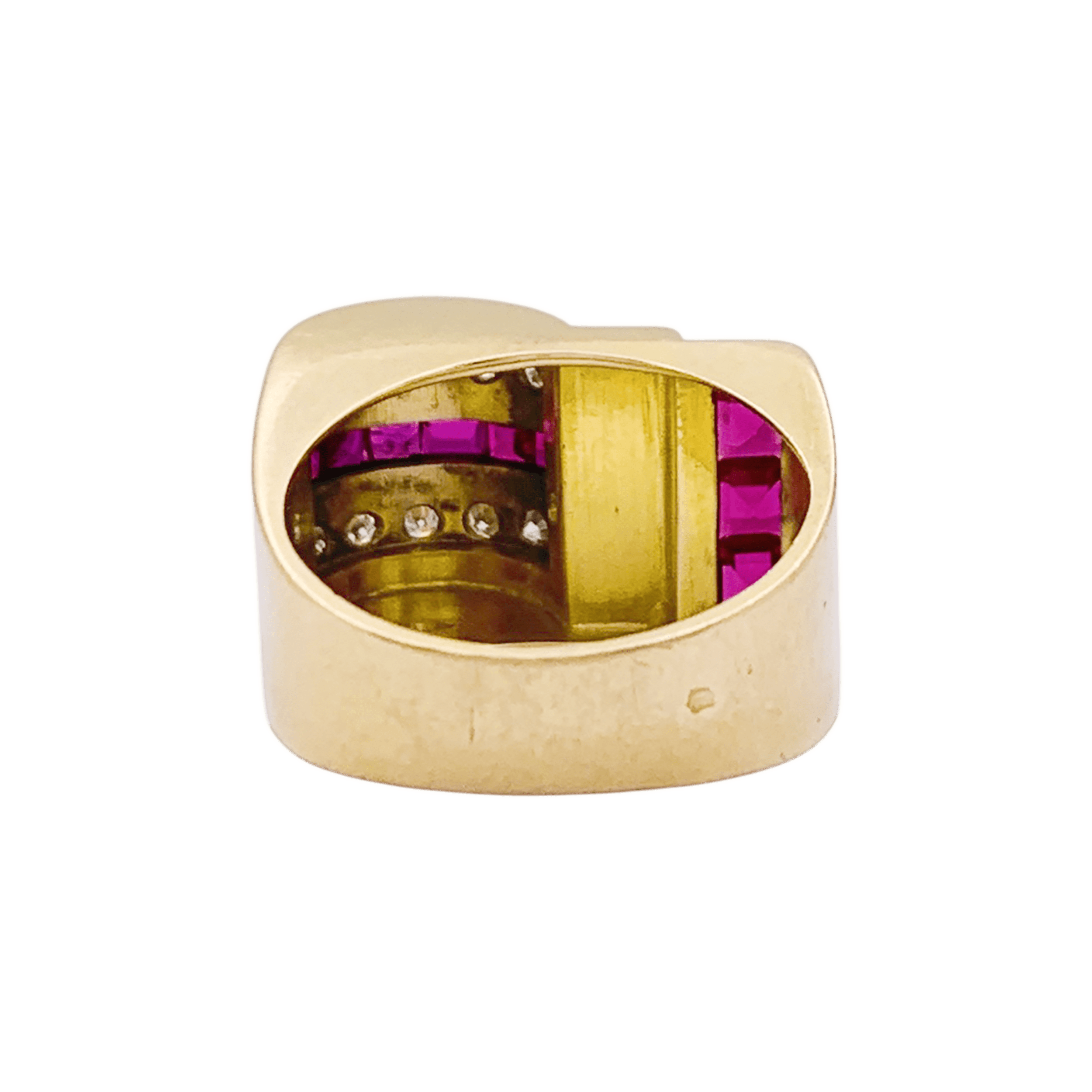 Bague "Tank" en or jaune, rubis synthétiques et diamants.