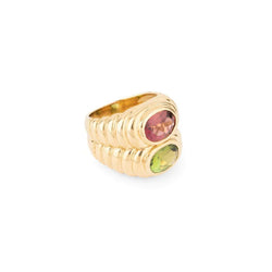 Élégante bague en or jaune, tourmaline rose et péridot dans le style BULGARI - Castafiore