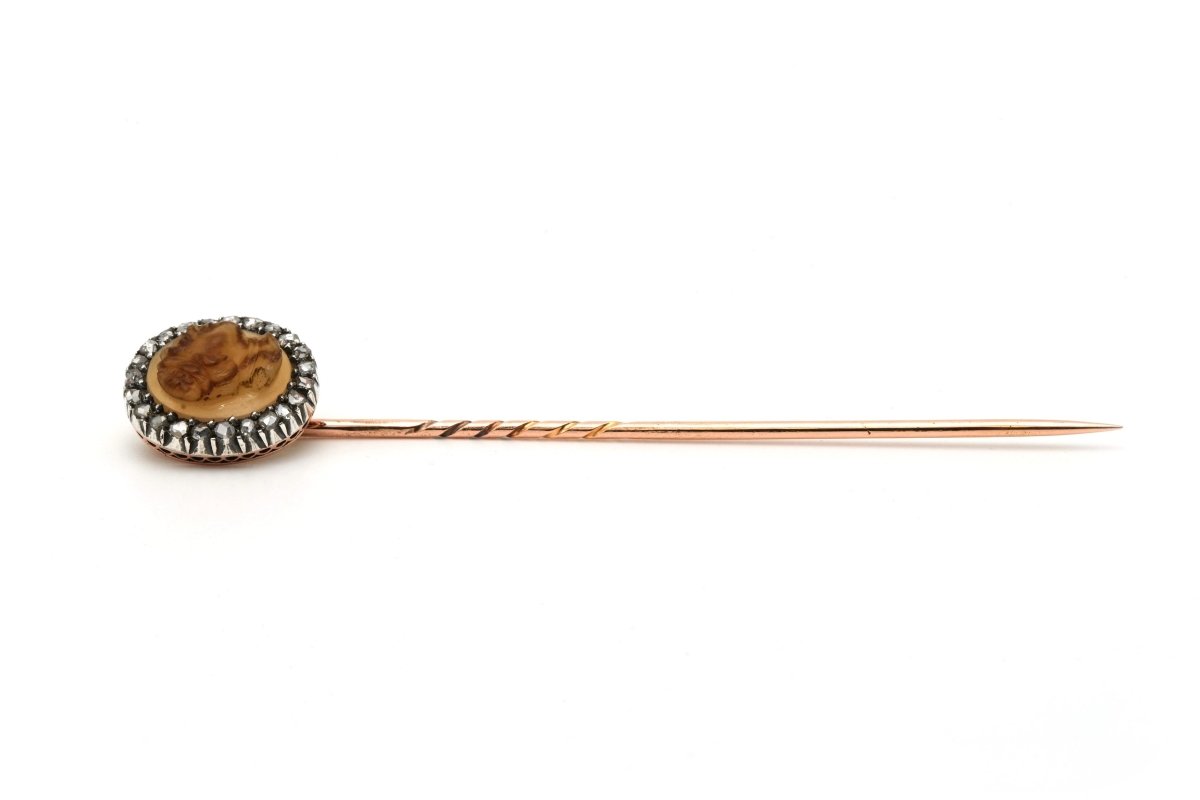 Epingle en or jaune, argent, agate et diamants - Castafiore