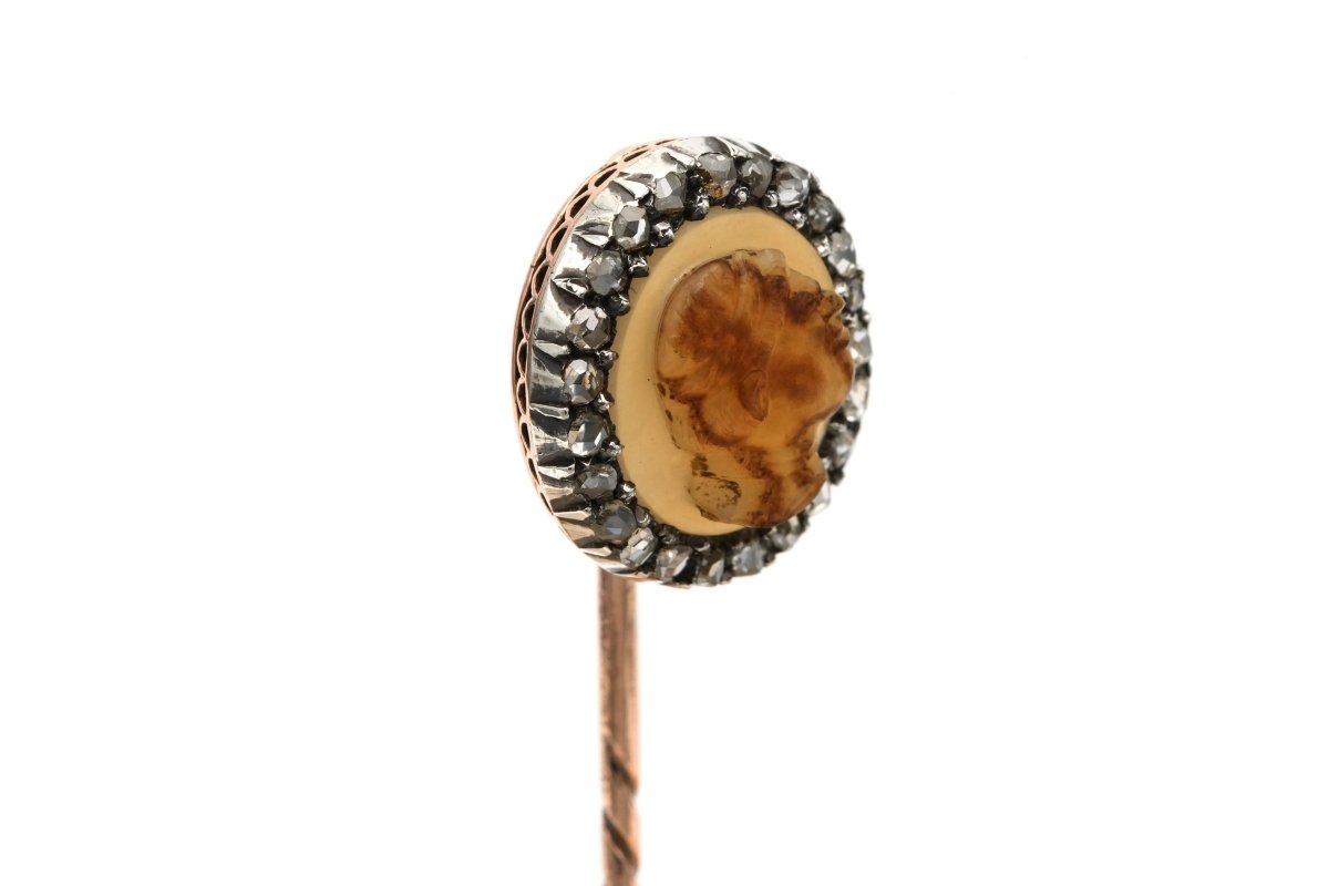 Epingle en or jaune, argent, agate et diamants - Castafiore