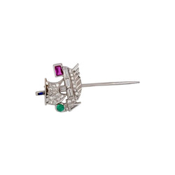 Épingle en platine, rubis, émeraude, saohir et diamants - Castafiore