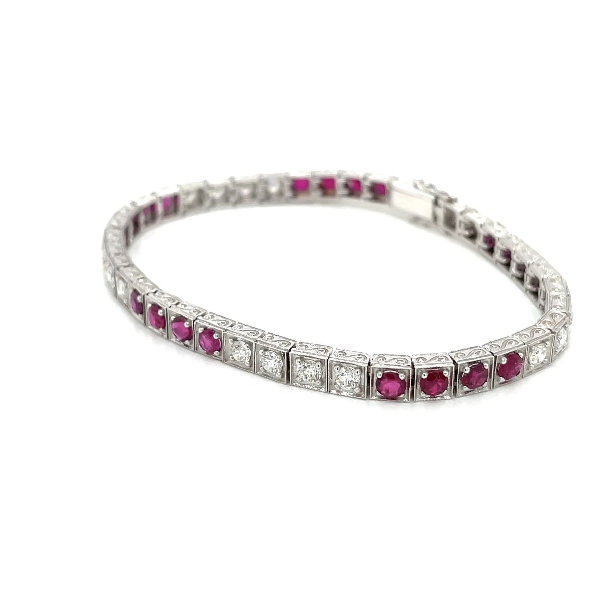 Estate Diamond Ruby Engraved Tennis Gold Bracelet - Castafiore