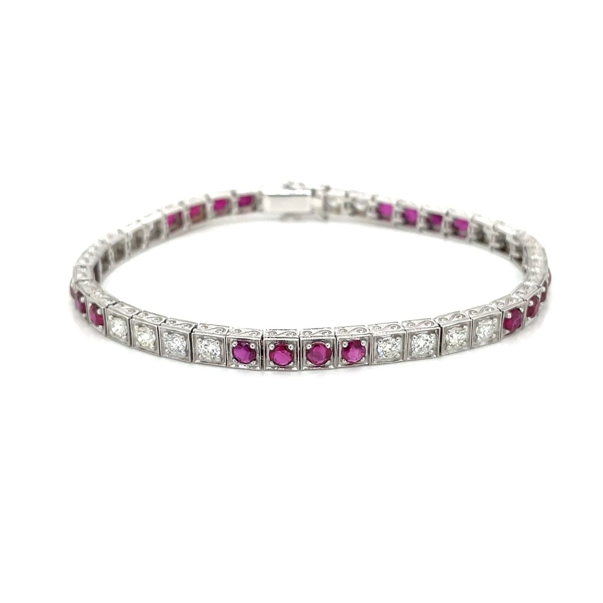 Estate Diamond Ruby Engraved Tennis Gold Bracelet - Castafiore