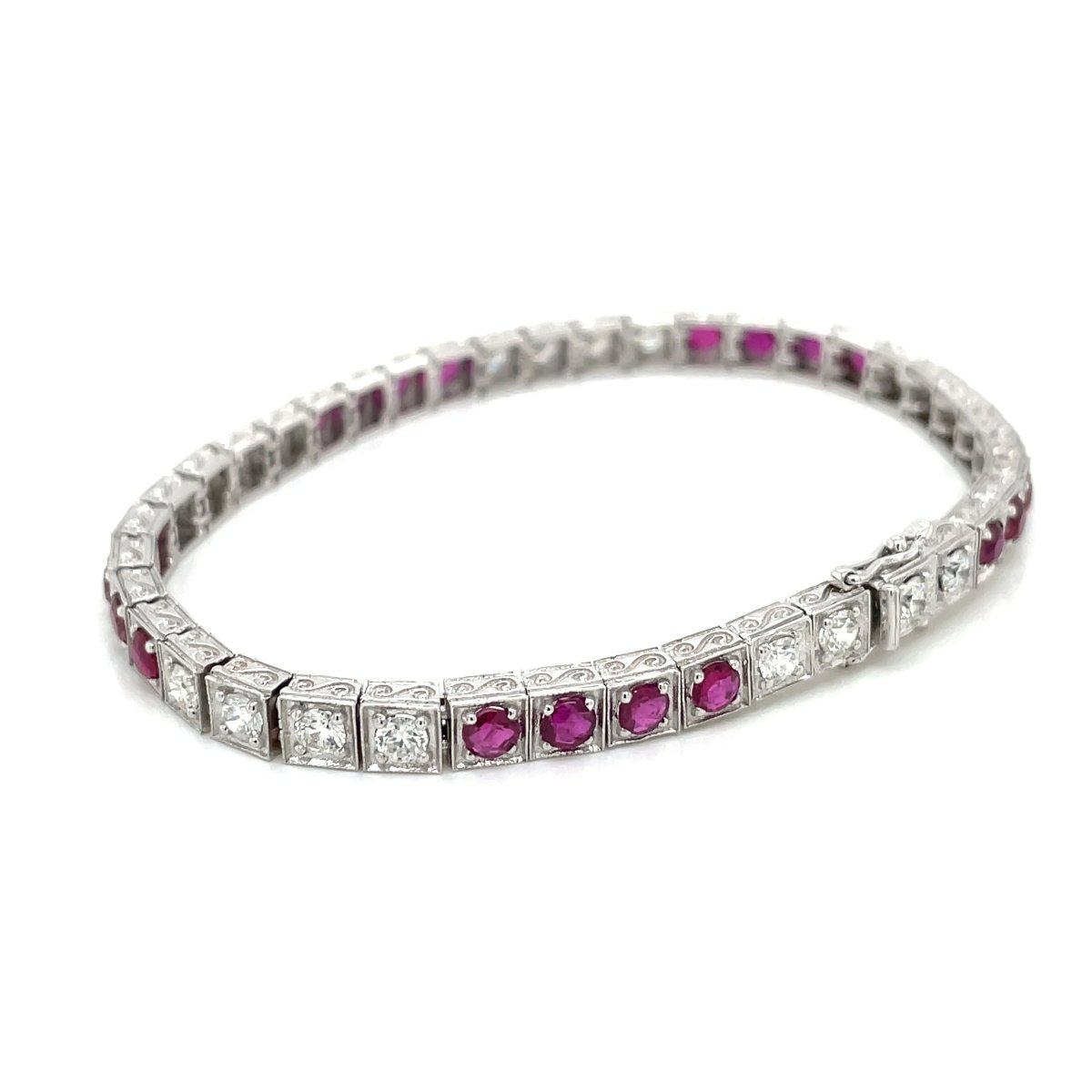 Estate Diamond Ruby Engraved Tennis Gold Bracelet - Castafiore
