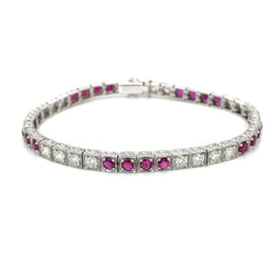 Estate Diamond Ruby Engraved Tennis Gold Bracelet - Castafiore