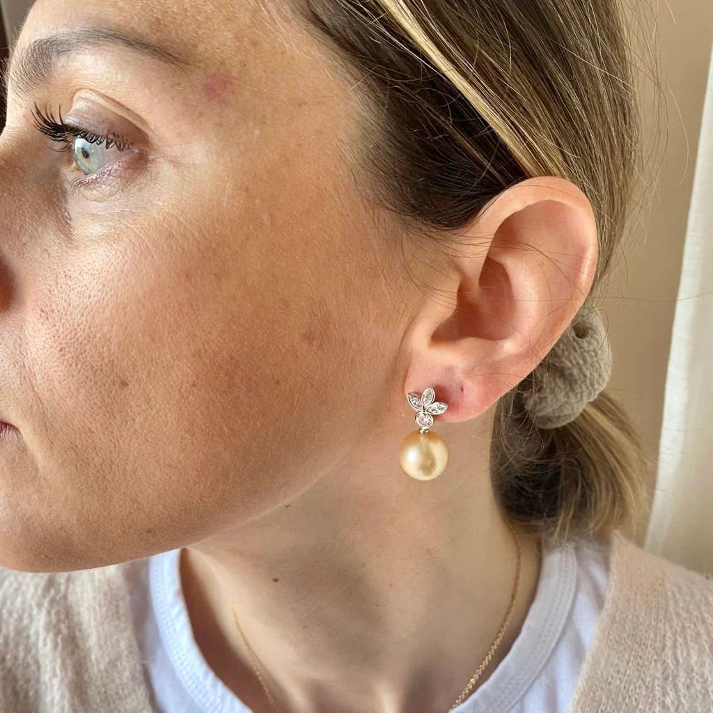 Estate Pearl Diamond Drop Earrings - Castafiore