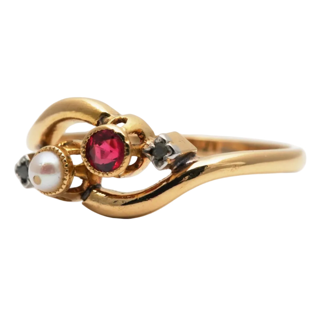 Bague Toi & Moi en or jaune, perle, rubis et diamants