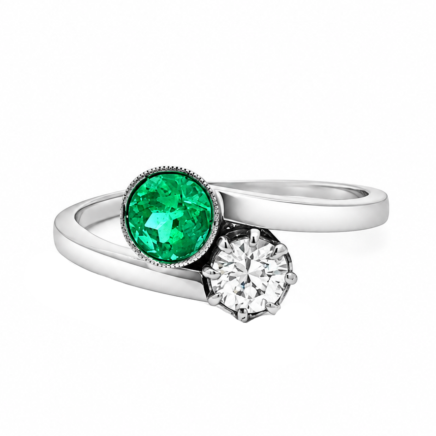 Bague Toi & Moi en or blanc, émeraude et diamant