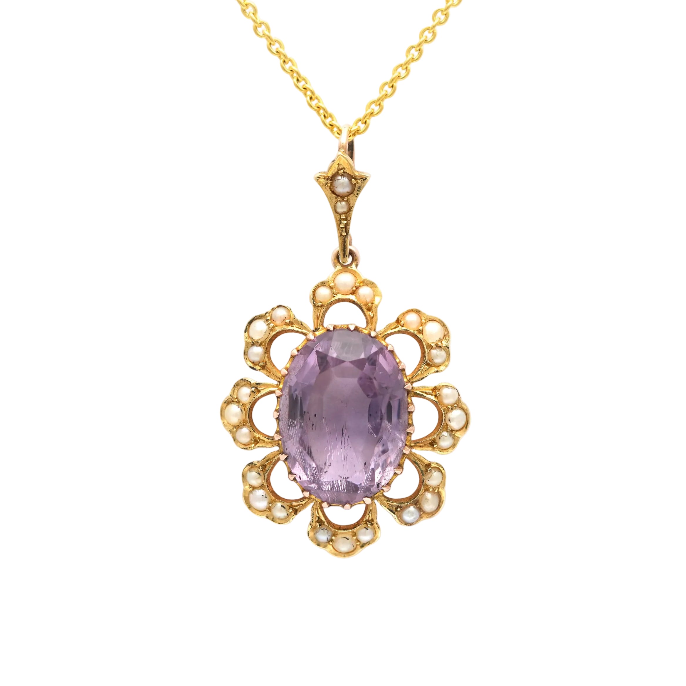Pendentif en or jaune, perles et améthystes