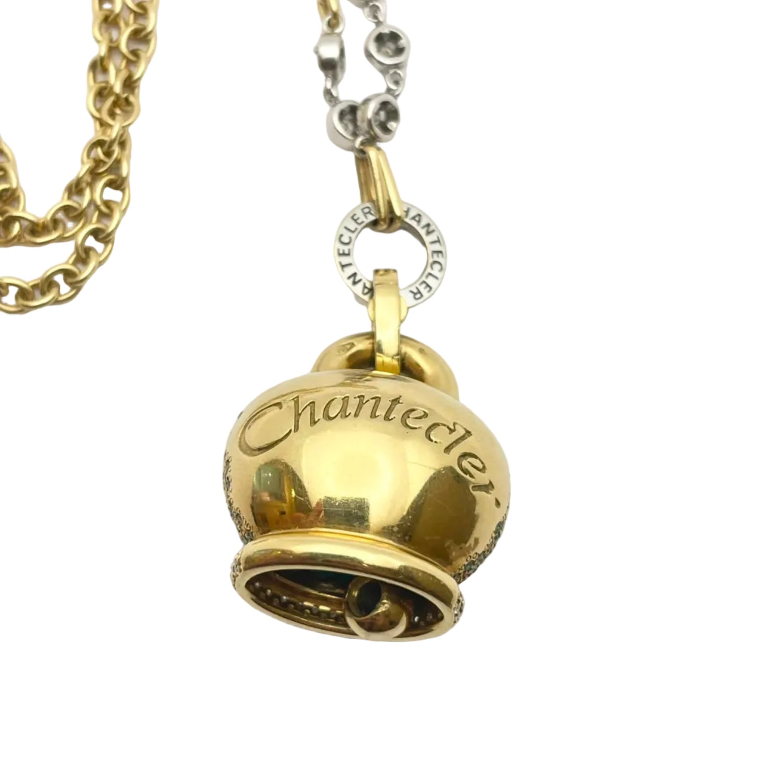 Collier Pendentif CHANTECLER en or blanc, or jaune, tsavorites, turquoises et diamants