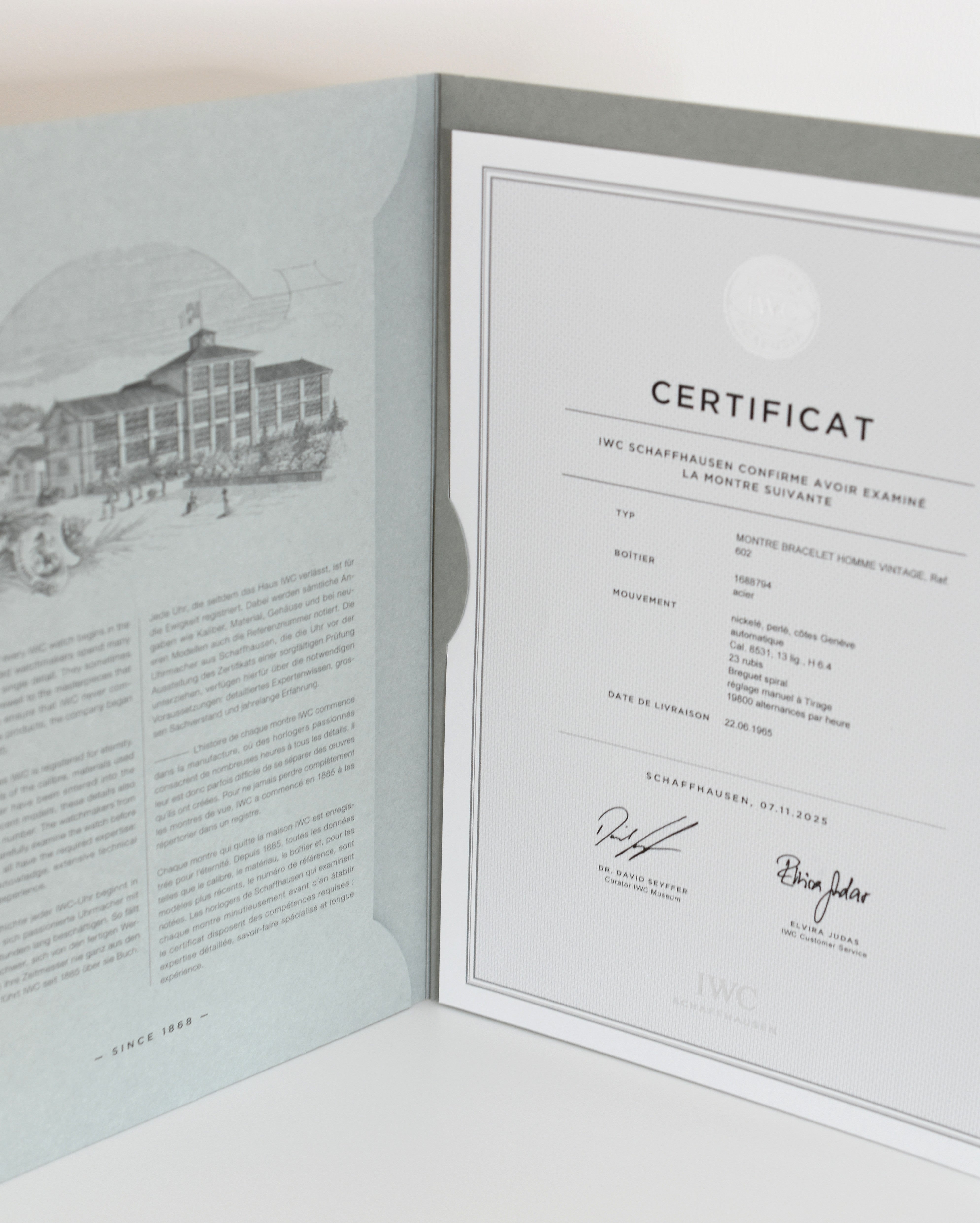 IWC Classique 1965, Calibre 8531 Pellaton, Réf. 602, full set avec certificat d'origine