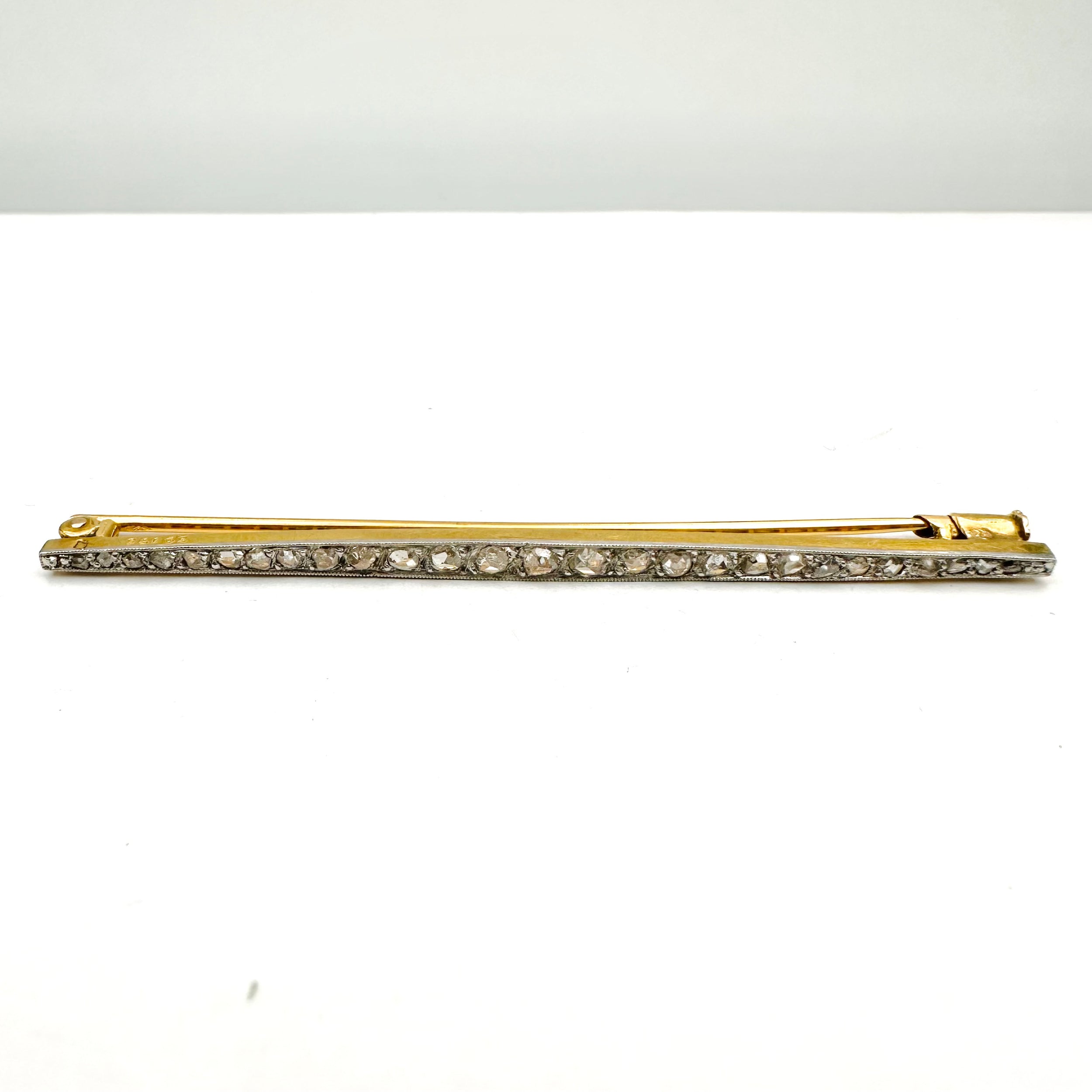 Broche Barrette Art Deco en or jaune, platine et diamants