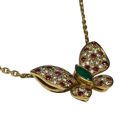 Collier Pendentif FRED "Papillon articulé" en or jaune, rubis, émeraude et diamants