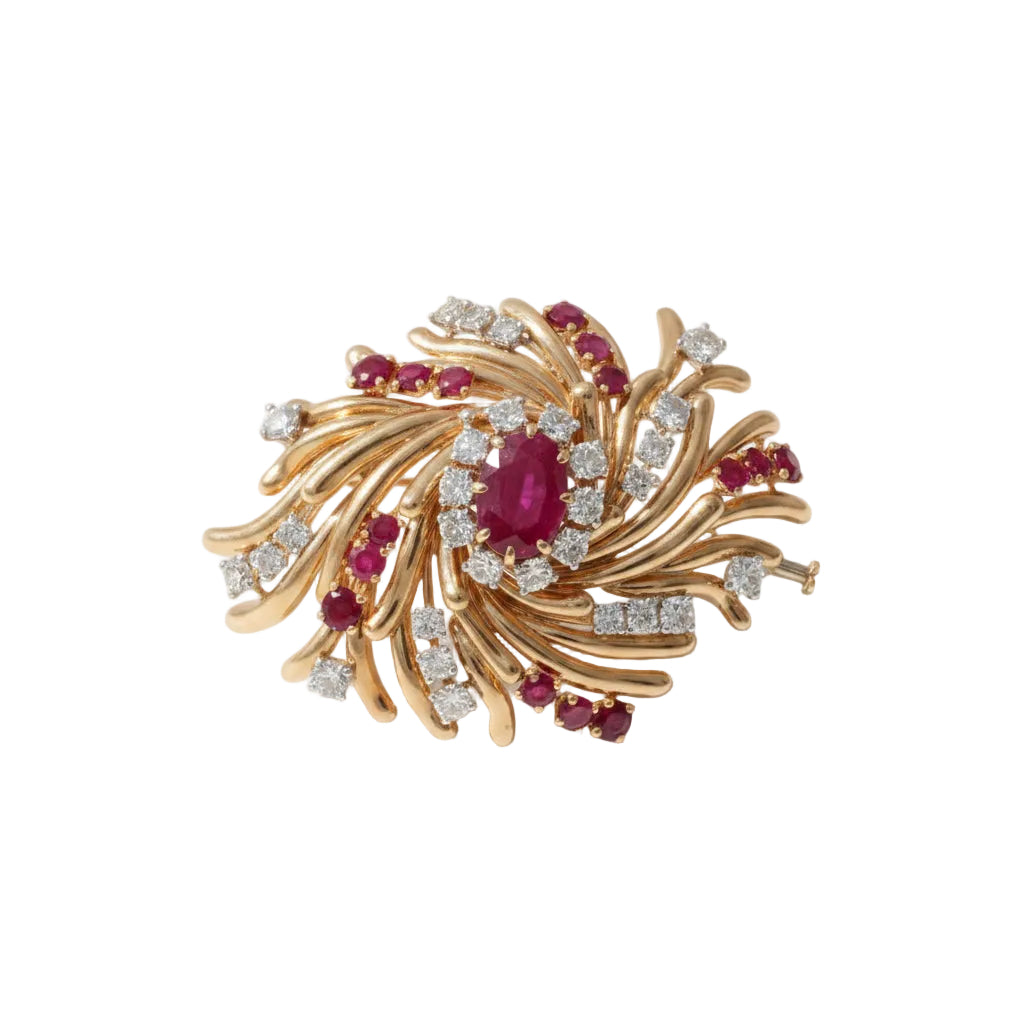 Broche Clip en or rosé, rubis et diamants