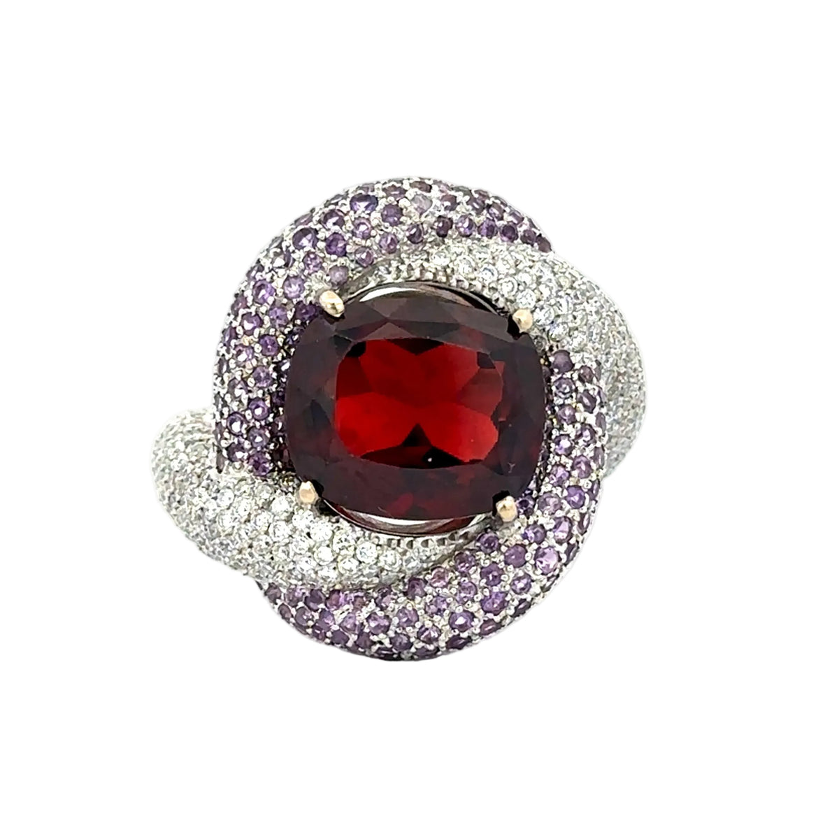 Bague Entourage en or blanc, grenat, améthystes et diamants