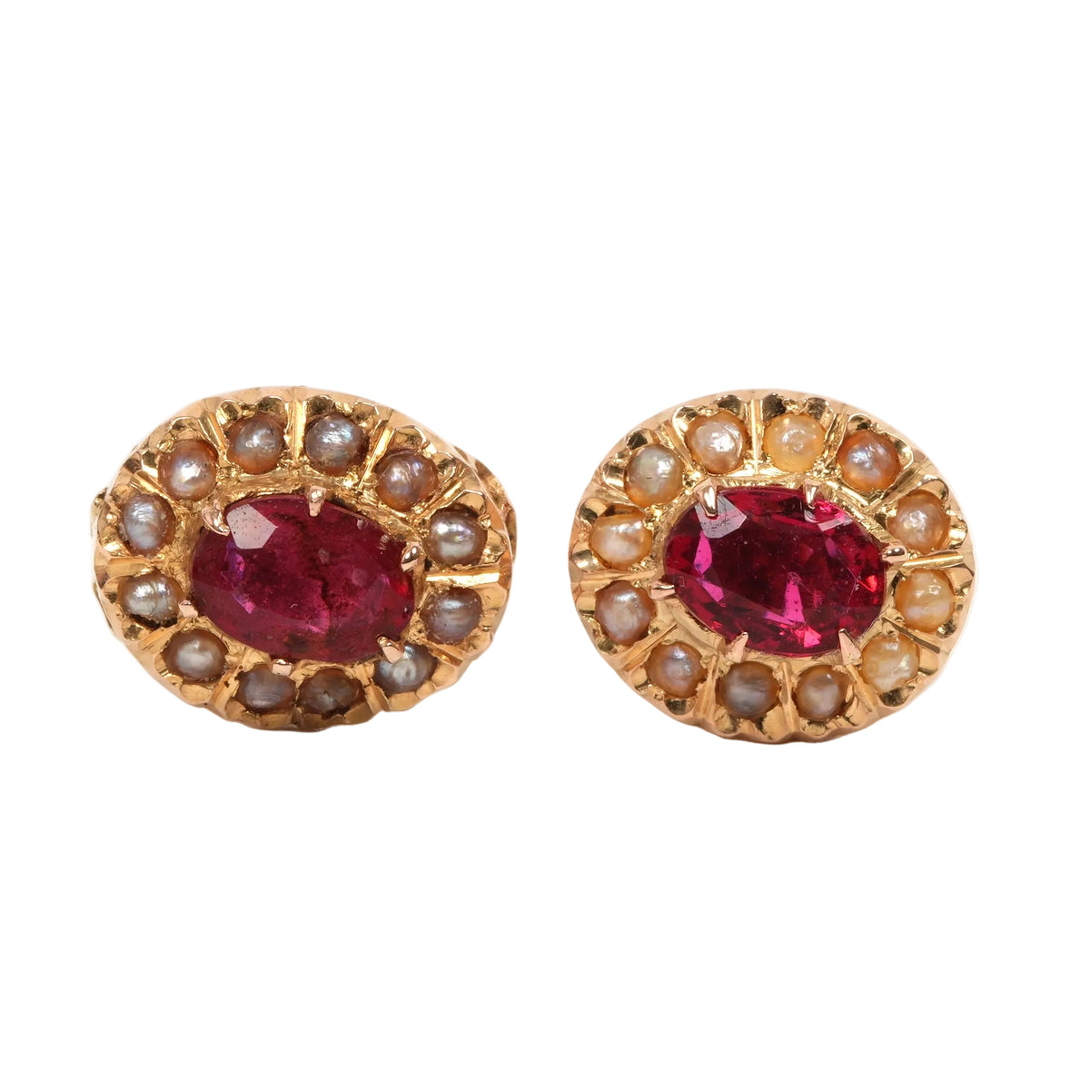 Boucles d'oreilles Puces en or jaune, perles et rubis