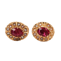 Boucles d'oreilles Puces en or jaune, perles et rubis