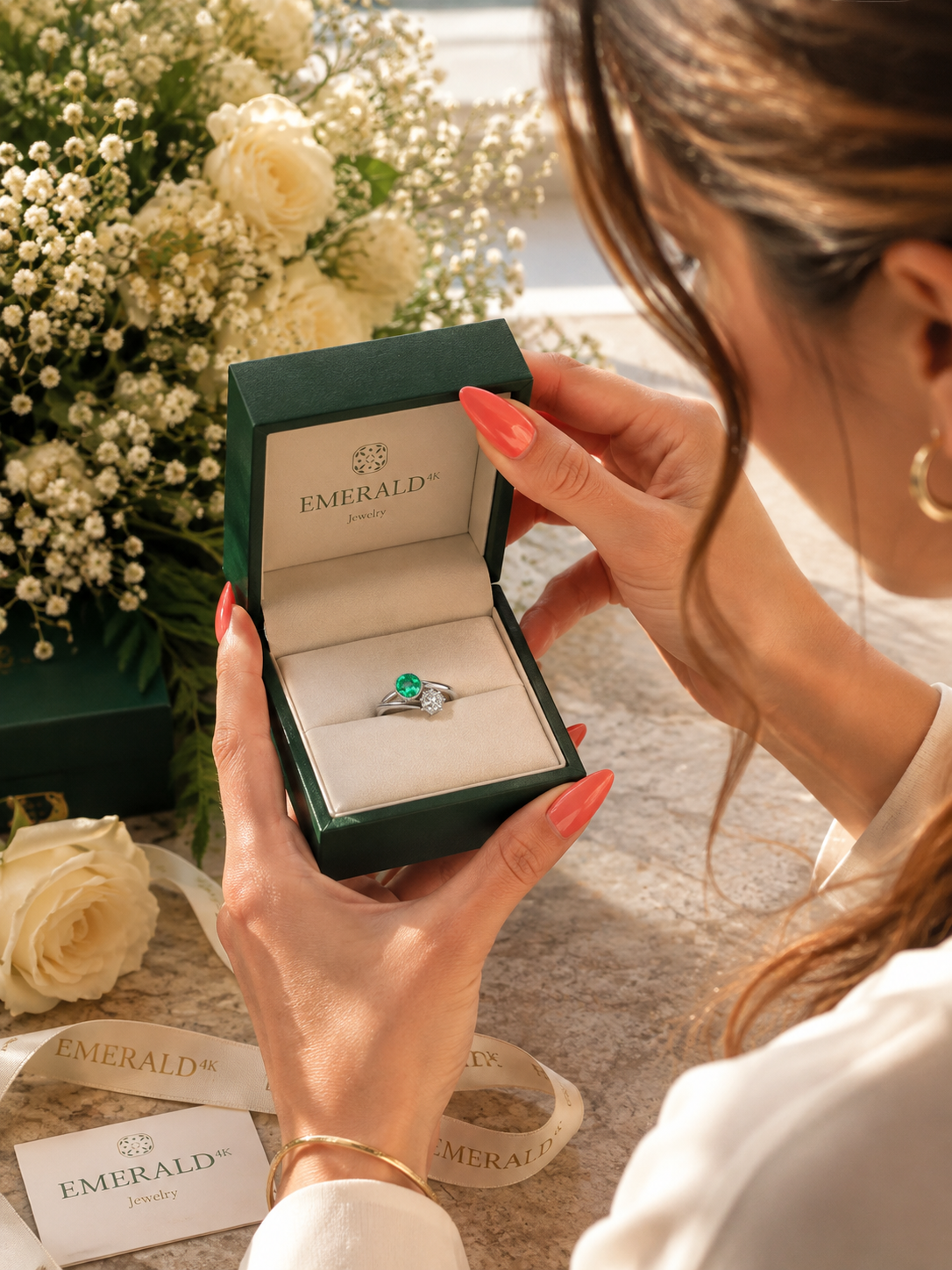 Bague Toi & Moi en or blanc, émeraude et diamant