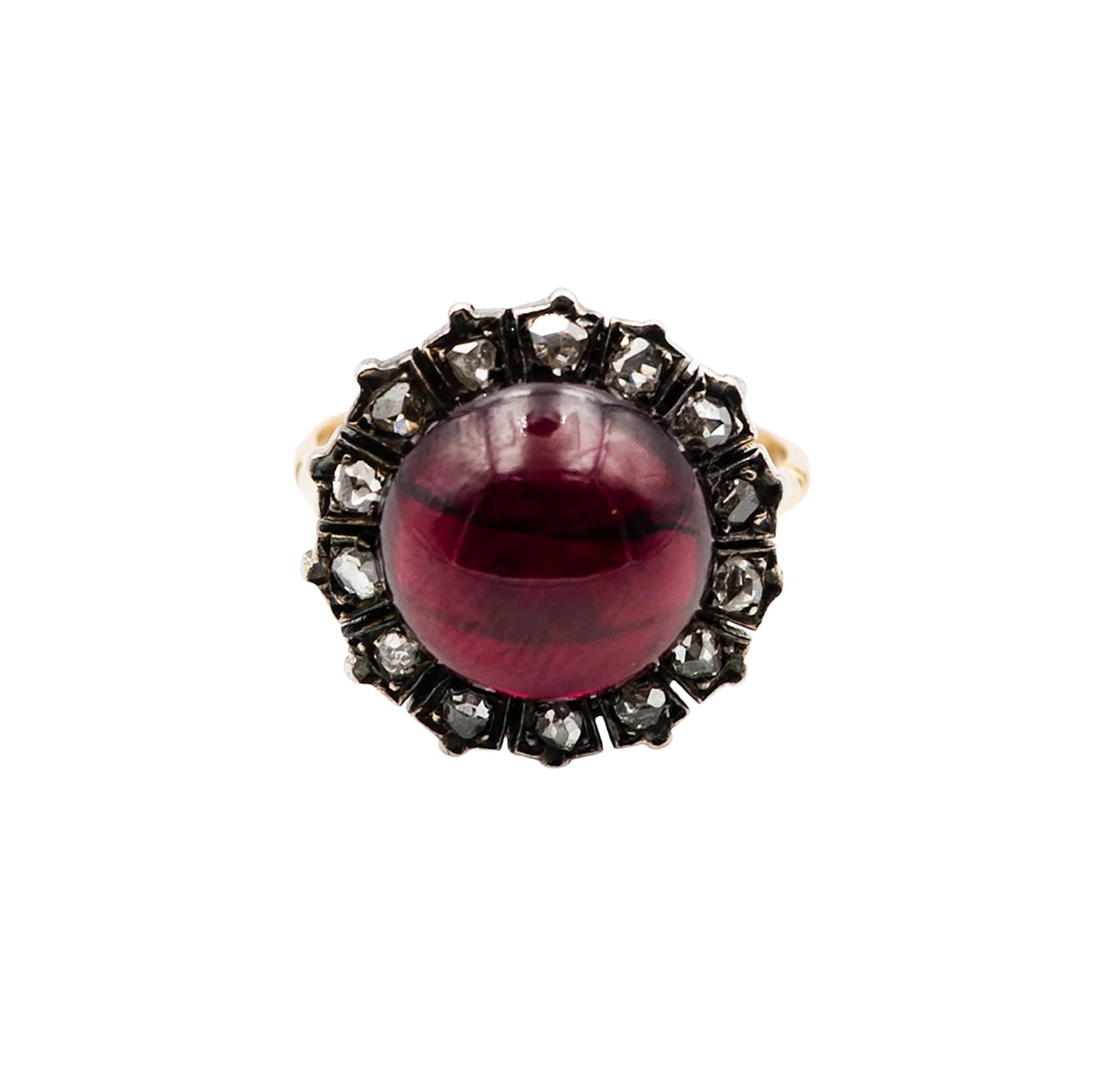 Bague Marguerite en or jaune, argent, grenat et diamants