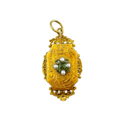 Médaillon en or jaune, perles et émeraudes