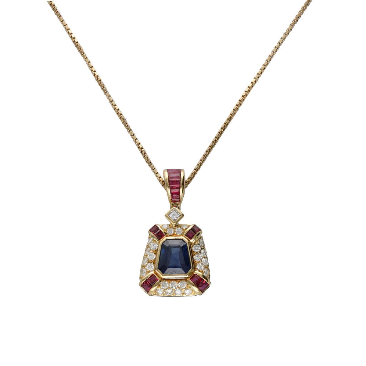Collier Pendentif en or jaune, saphir, rubis et diamants