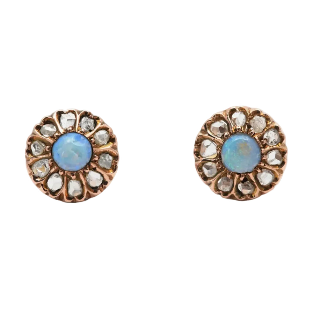 Boucles d'oreilles Puces en or jaune, opales et diamants