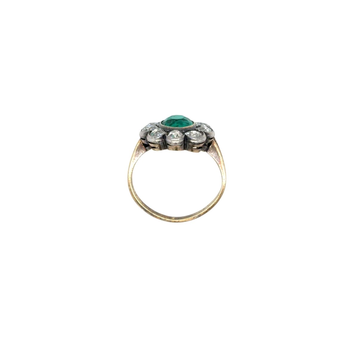 Fin du 19e siècle Bague à grappe en or/argent avec émeraude et diamant de 2,00 carats - Castafiore